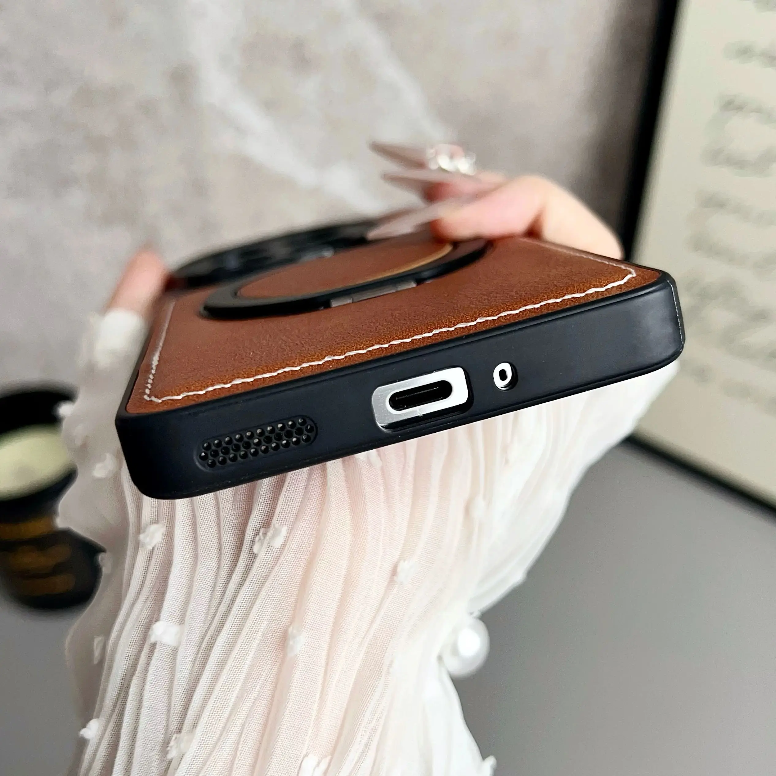 Rotating Magnetic Leather Texture Phone Case with Magsafe Ring Holder and Bumper Cover