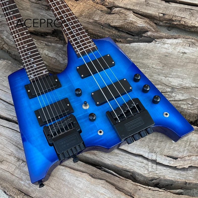 Double neck Headless Electric guitar Blue Burst Flamed Maple top