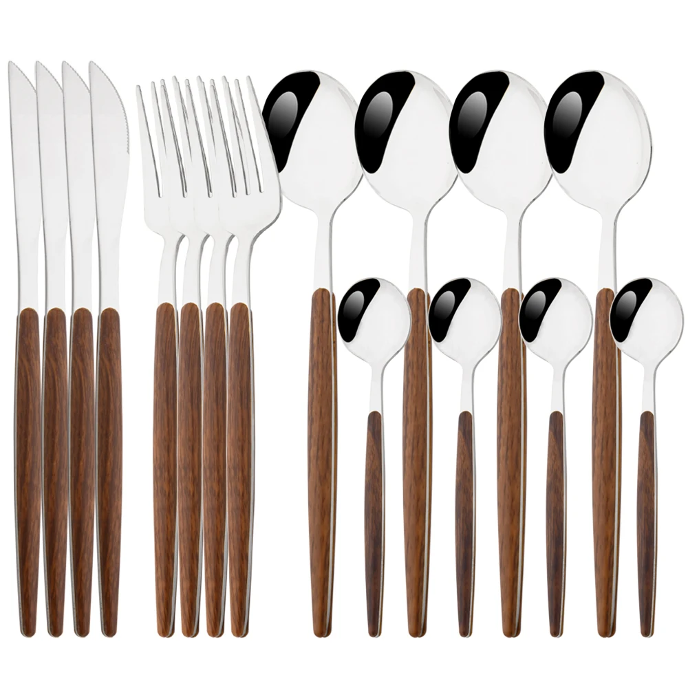 

16Pcs Imitation Wooden Flatware Brown Silver Western Cutlery Stainless Steel Fork Knife Spoon Dinnerware Kitchen Tableware Set