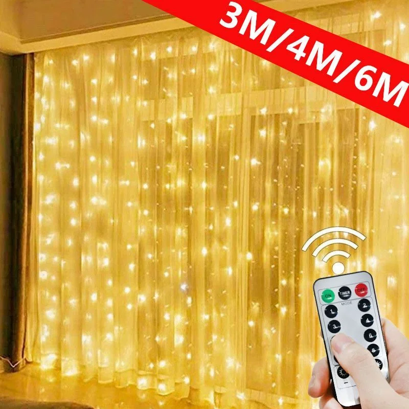 

6M Curtain LED String Lights Christmas Decoration Remote Control Holiday Wedding Fairy Garland Lights for Bedroom Outdoor Home