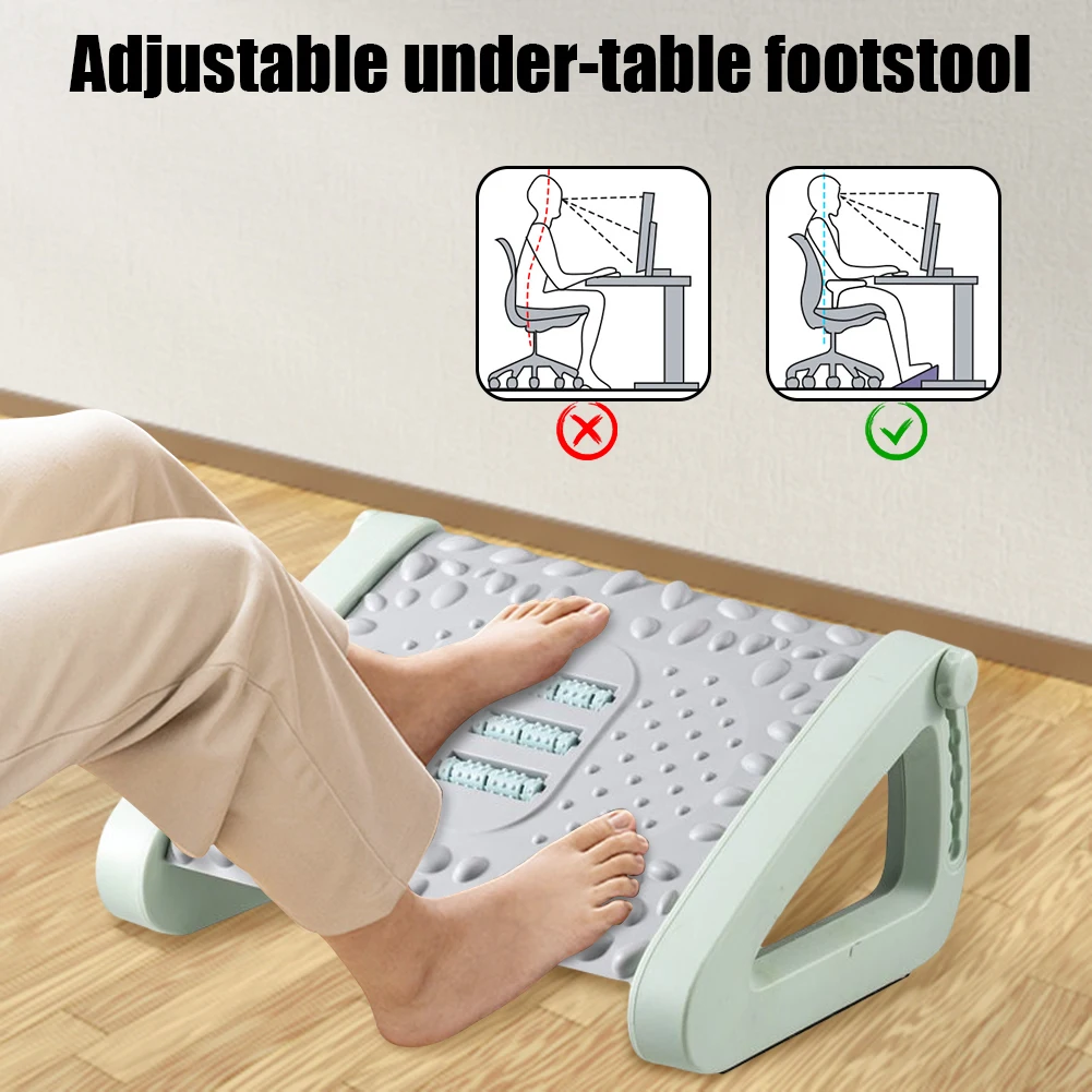 Under Desk Footstool Adjustable Ergonomic Footrest Stool with Rollers Foot Stepping Platform Comfortable Massage Pad for Gaming
