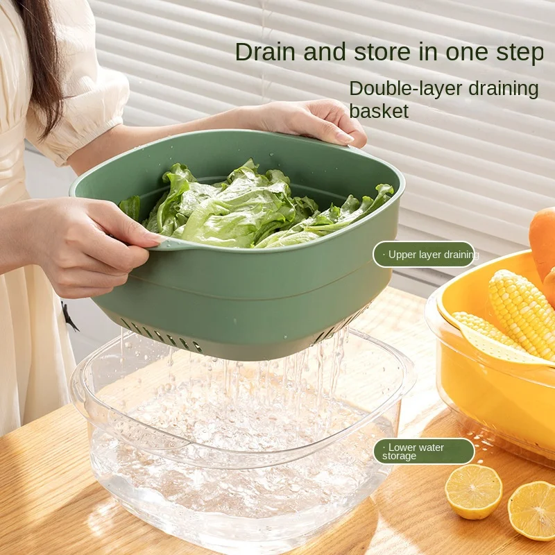 Double-Layer Draining Basket Fruit Basket Vegetable Washing Basin Household Kitchen Vegetable Washing