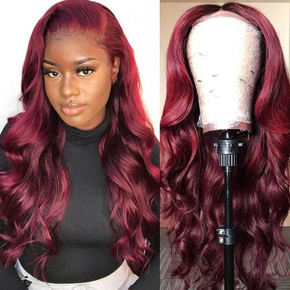 

32Inch 99j Burgundy Body Wave Lace Front 250% Human Hair Wig Colored Glueless Hair Wigs For Women Red 13x6 Hd Lace Frontal Wig