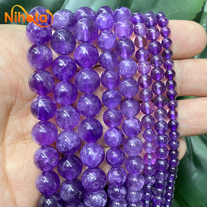 Hohe Qualität AAAAA Lila Kristall Perlen Natürliche Amethysten Runde Perlen für Schmuck Machen DIY Armbänder Kette 4/6/8/10/12mm 15"