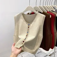 Sweater Vest Autumn Women Rainbow Single-breasted Button Soft Sweater Loose Knit Vest V-neck Knitwear Cardigan Lady Waistcoats - Image 2