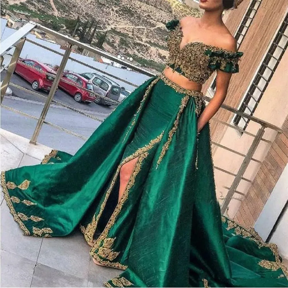 

Indian hunter Green 2 Piece Evening Dresses with Pockets Gold Appliques Women Sexy Slit Saudi Arabic Dubai Kaftan Prom Gowns