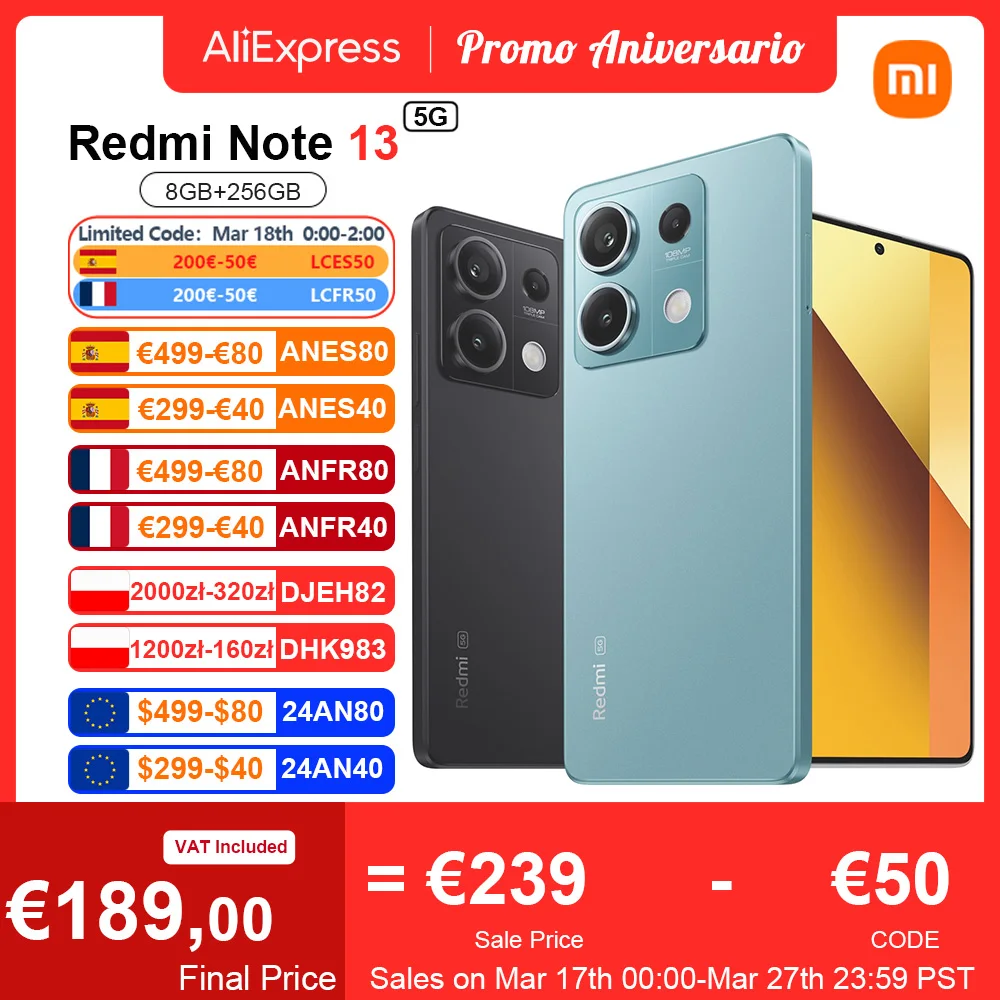Versione Globale Xiaomi Redmi Note 13 5G Nfc 108Mp Fotocamera Smartphone 120Hz Amoled 6Nm Dimensity 6080 33W Ricarica Rapida