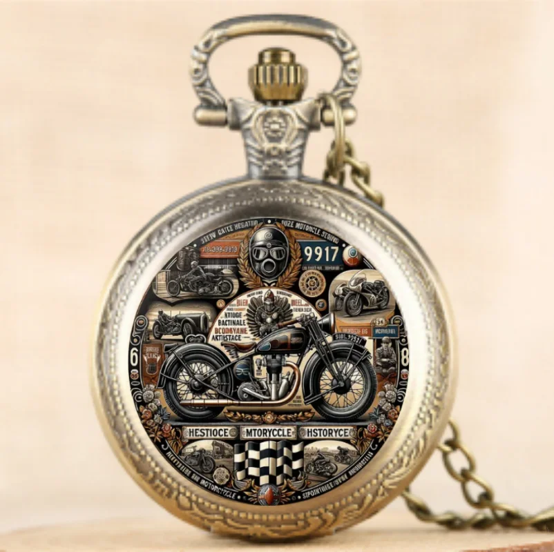 Antique Exquisite Vintage Motorcycle Pattern Design Quartz Pocket Watch - Men Male Kids Fashion Accessory, Non-Waterproof  Watch