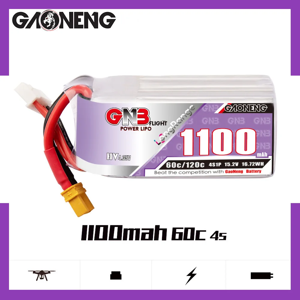 Lot de 2 batteries Lipo GNB 15.2V 1100mAh 60C 4S 1P pour drone RC