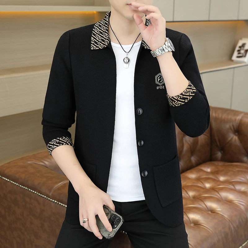 

Модный мужской кардиган с лацканами Boutique Trend, повседневный облегающий мужской кардиган в британском стиле с надписью, Молодежная жизнерадостная одежда, низ в рубчик