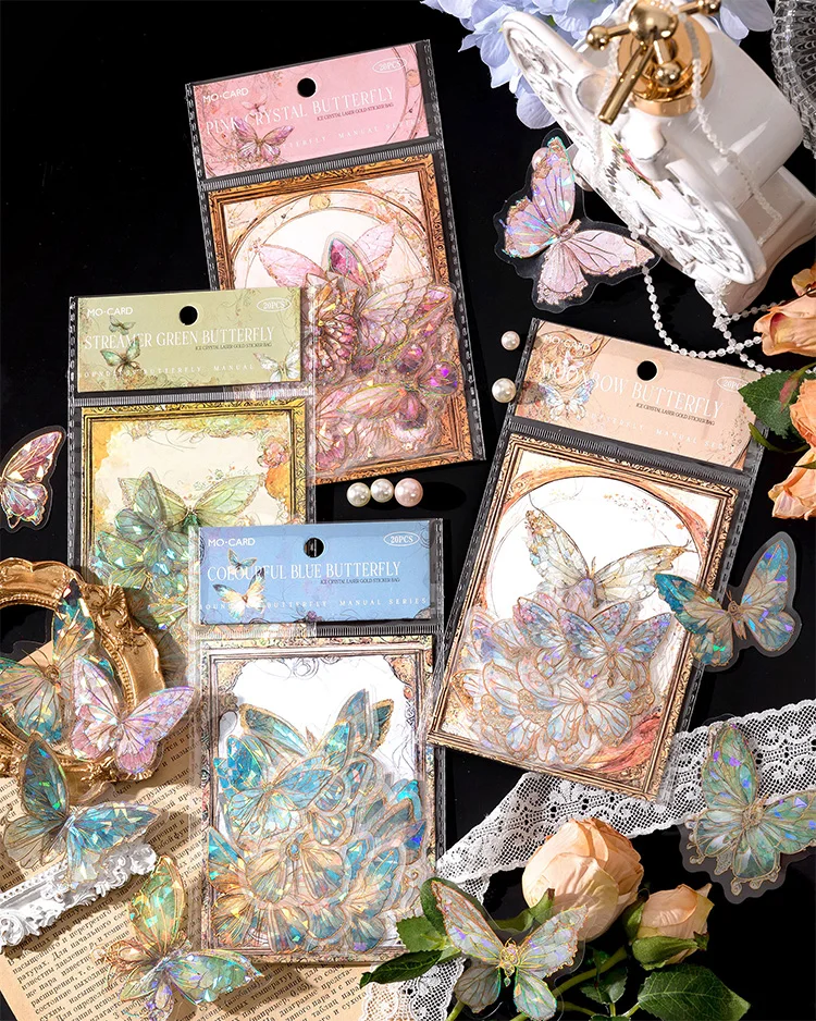 20 Stück PET-Schmetterlingsaufkleber, transparente dekorative Aufkleber für Scrapbooking, Stick-Etiketten, Junk-Tagebuch-Zubehör – Detail 1