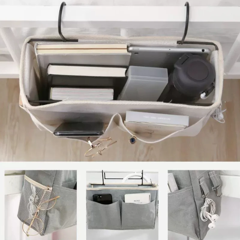 Bedhead hanging basket Cotton and linen fabric Bedside sofa hanging storage bag Bedside shelf Dormitory and apartment storage 3
