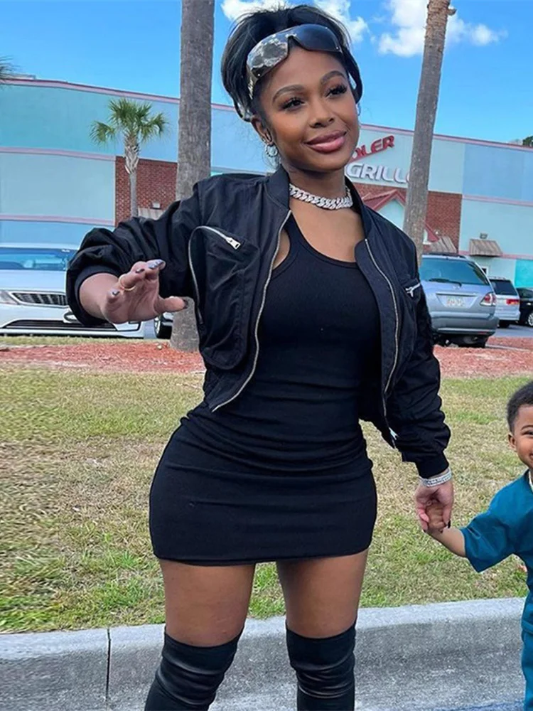 

WLWXR Autumn Streetwear Coats Jackets For Women 2022 Long SleeveCrop Top O Neck Jacket Zipper Casual Coats Black Jacket Female