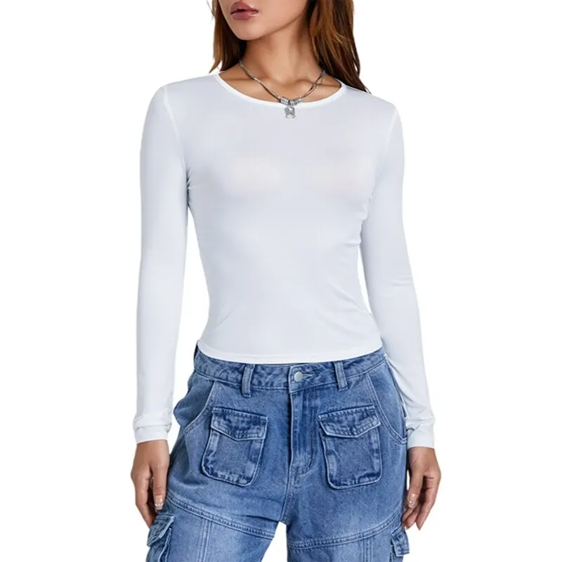 Tops recortados ajustados para mujer, camiseta de manga larga con cuello redondo, ombligo, Color sólido, otoño - Image 5
