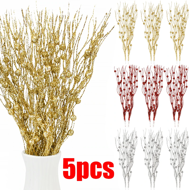 1/3/5Pcs Christmas Artificial Glitter Berry Stem Branches Xmas Tree Ornament New Year Home Decoration DIY Vase Filler 2025 Party