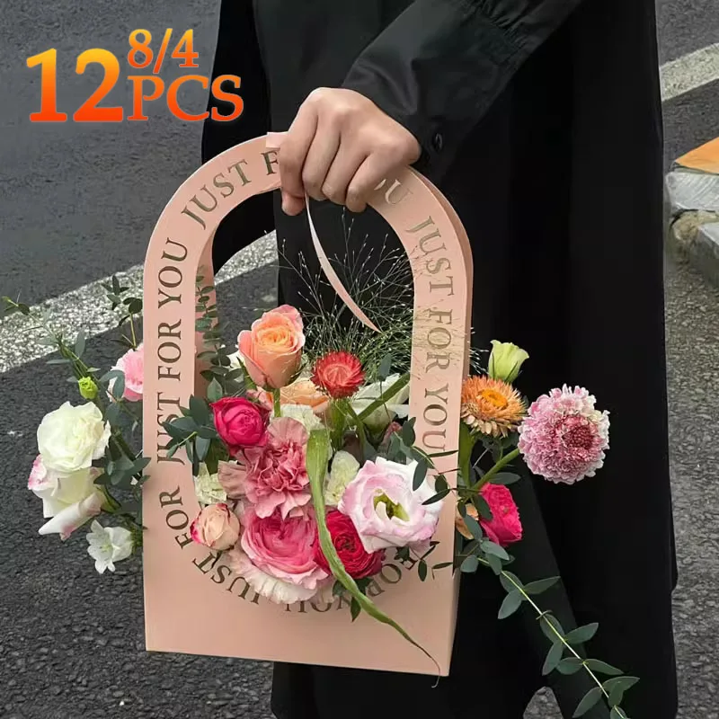 4-12PCS Valentine's Day Hollow Folding Handheld Flower Basket Simple Flower Box Paper Handbag Gift Arrangement Box