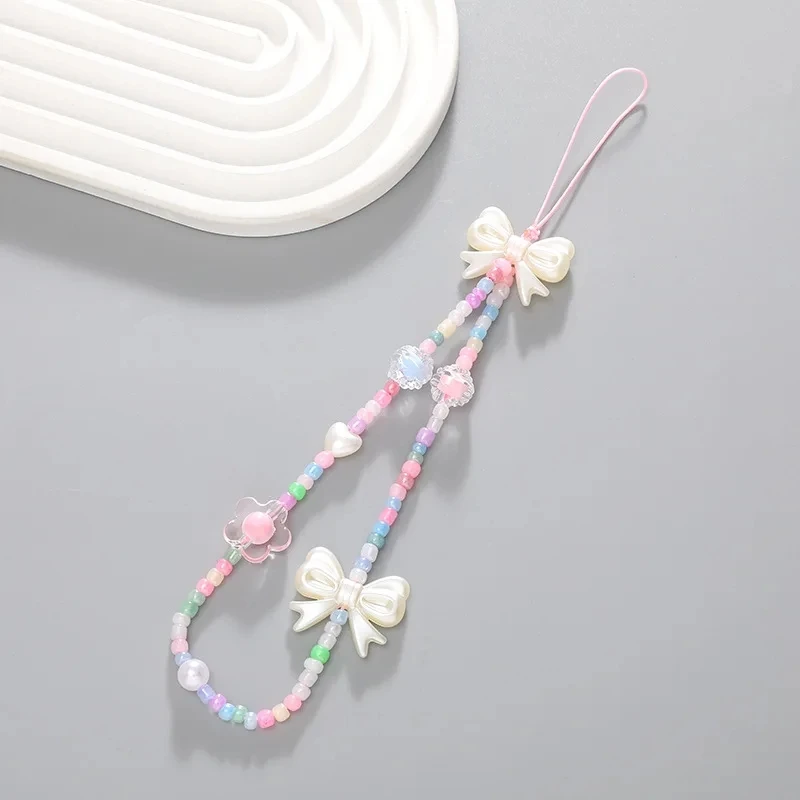 Fashion Crystal Bow Beaded Phone Chain Lanyard Jewelry Accessories Simple Non-slip Wristband Cellphone Case Rope for Women Gifts