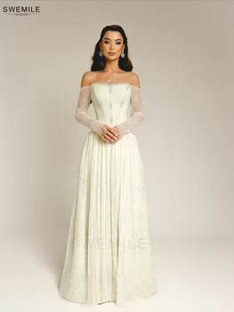 SWEMILE Elegant Off Shoulder Evening Dresses Strapless Sheer Long Sleeve Sequins Beaded A-Line Formal Gowns Customized Vestidos 1