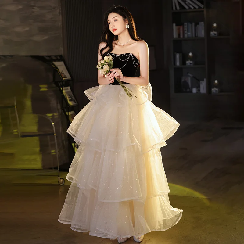 

New Arrival Boat Neck A-Line Short Sleeves Lace Up Floor-Length Formal Dress Sequins Tulle Champagne New Dress Woman Party A2764