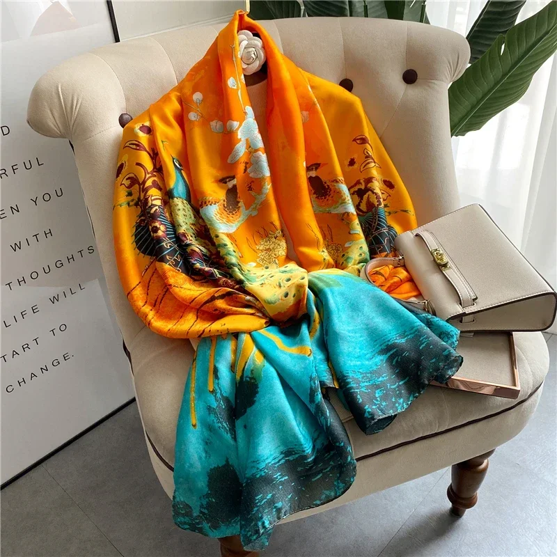 Luxury Brand Designer Silk Scarf Women 2022 Spring Summer Shawls And Wraps Soft Long Pashmina Foulard Bandana Ladies Scarves New fashion scarf bandana women winter wild long imitation cashmere female scarf hijab stoles pashmina scarves shawls foulard ladies