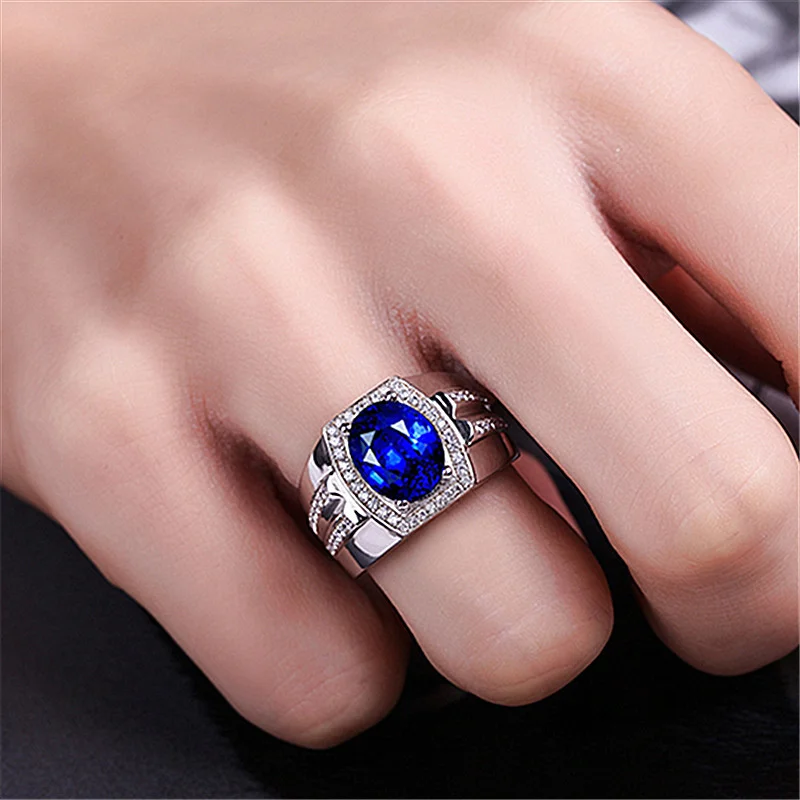 Klassischer dunkelblauer Kristall-eiförmiger Steinring für Herrenschmuck, trendiger Ring aus 925er Silber, männliche Braut- und Hochzeitsaccessoires – Detail 5