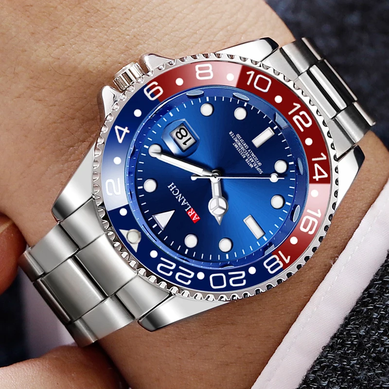 Classic Mens Analog Quartz Watch Green Ghost Diver Series Stainless Steel Waterproof Calendar Clock Business Luxury Watch Reloj Hombre