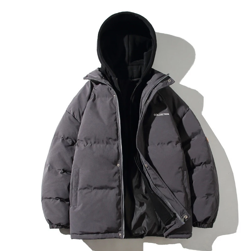 

2024 Winter New Fake Two Loose and Thickened Cotton Clothes for Men and Women Hooded Solid Color Clothes Zipper Casual Male Coat