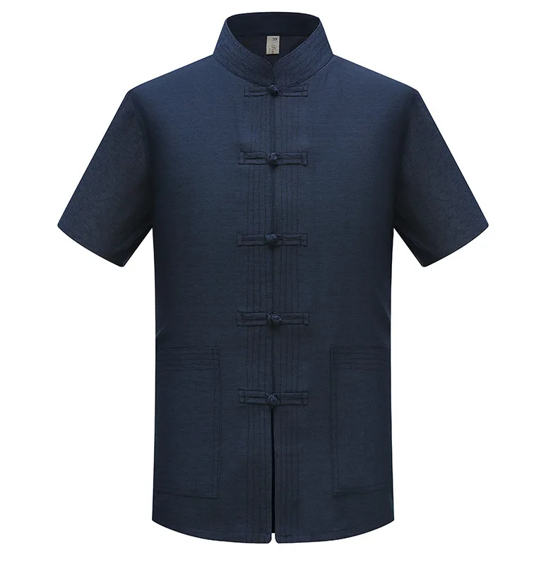Traditional Tang Clothing Vintage Button Down Top Short Sleeve Jacket Men Cotton Kung Fu Garment suit Male Solid Costume tai chi clothing