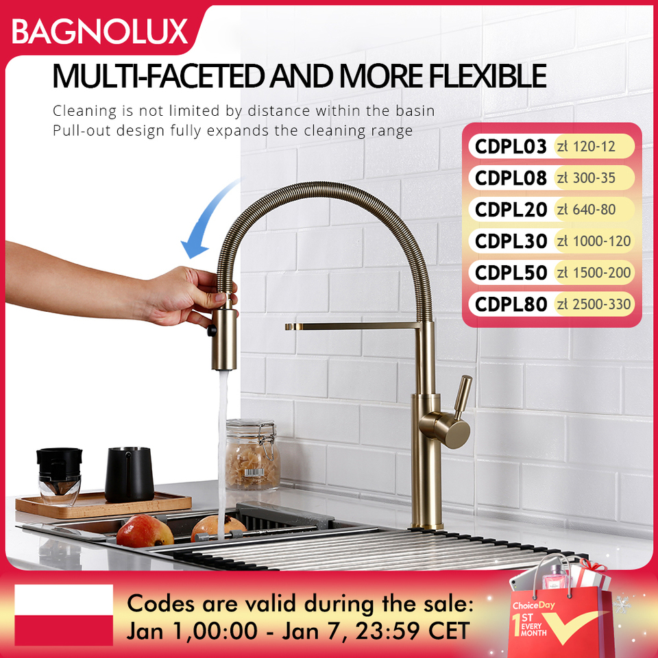 Brushed Gold Kitchen Faucets Brass Mixer for Kitchen Sink Single Lever Pull Out Spring Spout Tap Hot Cold Water 1036