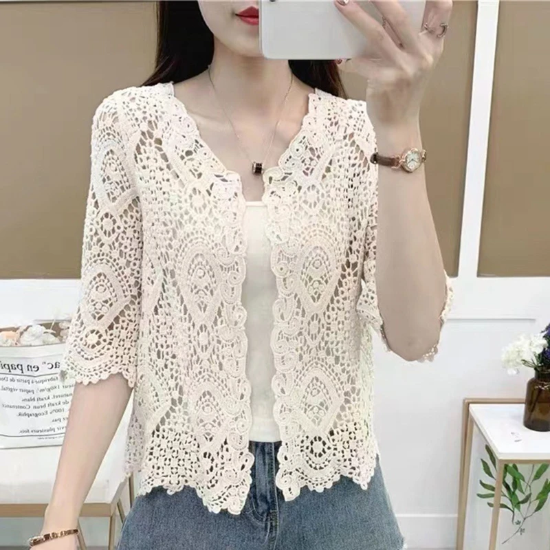 Women Summer Knitted Lace Shrug Boho Hollow Crochet Floral 3/4