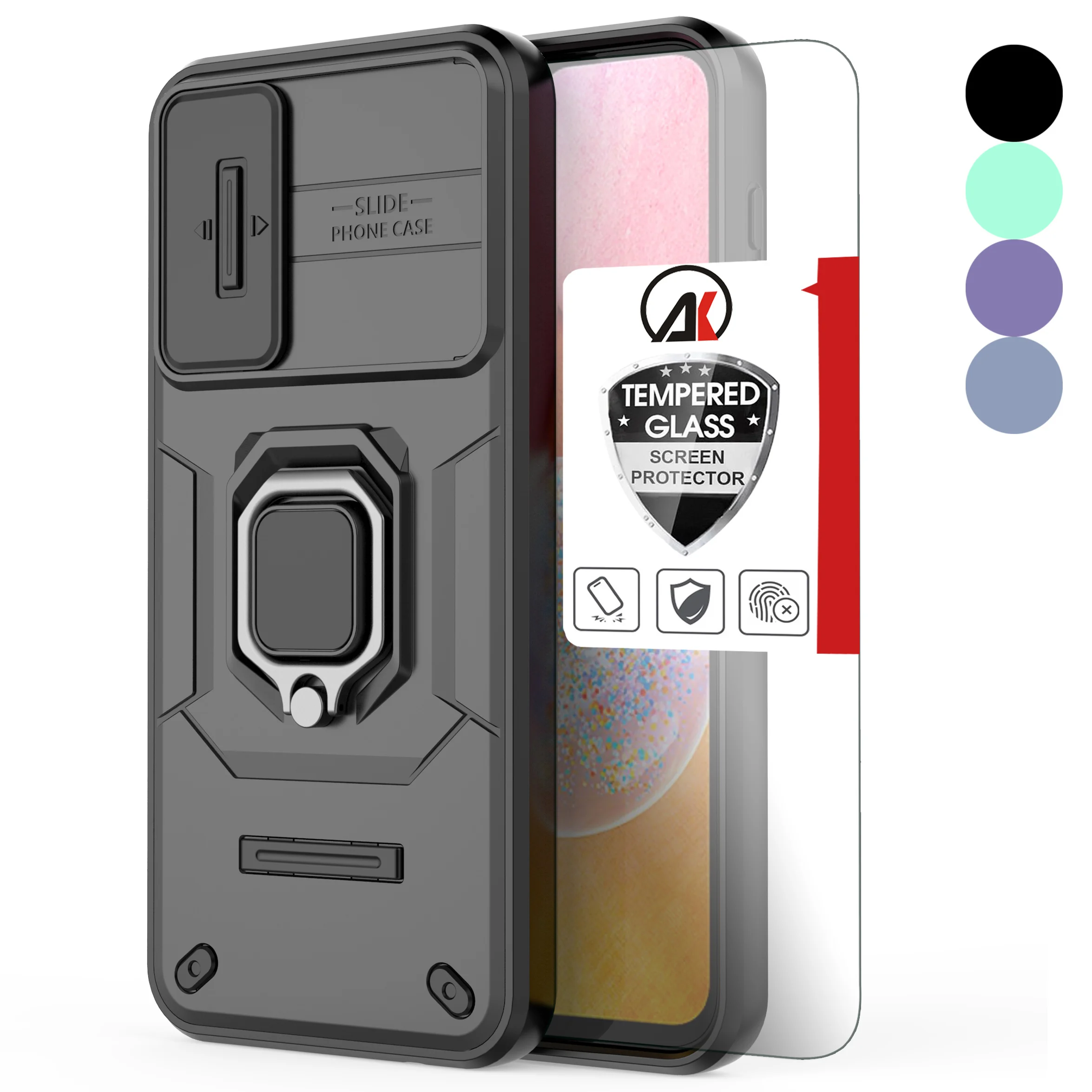 

For Samsung Galaxy A14 A34 A54 5G Case Magnetic Holder Ring Stand Shockproof Armor+Camera Cover+Tempered Glass Screen Protector