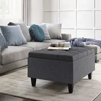 Simplihome Harrison 34 Inch Wide Transitional Rectangle Small Coffee Table Storage Ottoman In Slate Grey Linen Look Fabric, 2