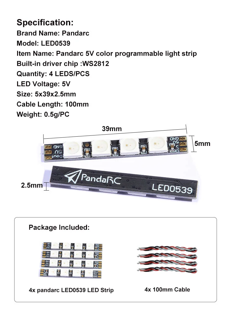 1SET/4PCS PandaRC LED0539 LED light WS2812 5V RGB Programmable Highlight Light strip with cable for RC FPV drones F3/F4 FC