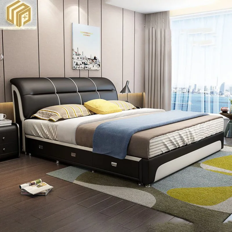 

Leather art bed Modern simple small house 1.8m storage bed with drawer customized Nordic leather bed