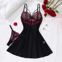 Lady's Sexy Lace Black Strapless Nightgown, Transparent Lace Nightgown, Floral Pattern with Strapless Transparent
