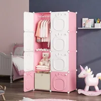 Kids Closet Baby Wardrobe Dresser for Kids Bedroom Nursery Armoire Clothes Hanging Closet with Doors, Pink, 8 Cubes 3