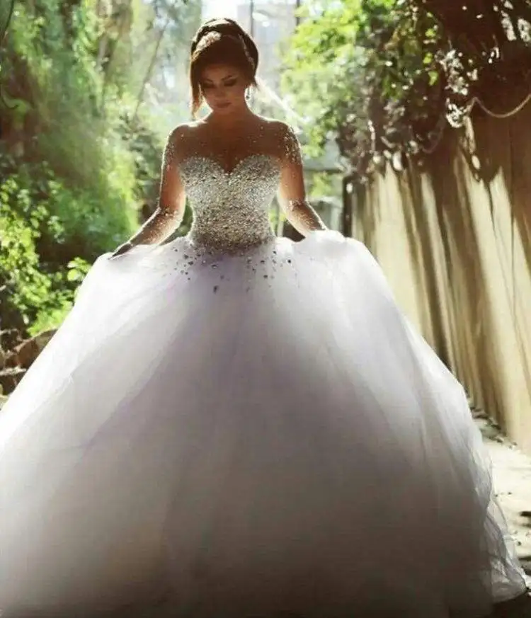 

Ball Gown Sweetheart Pedreria Para Vestidos De Novia Long Aleeved Lace Diamond Wedding Dress