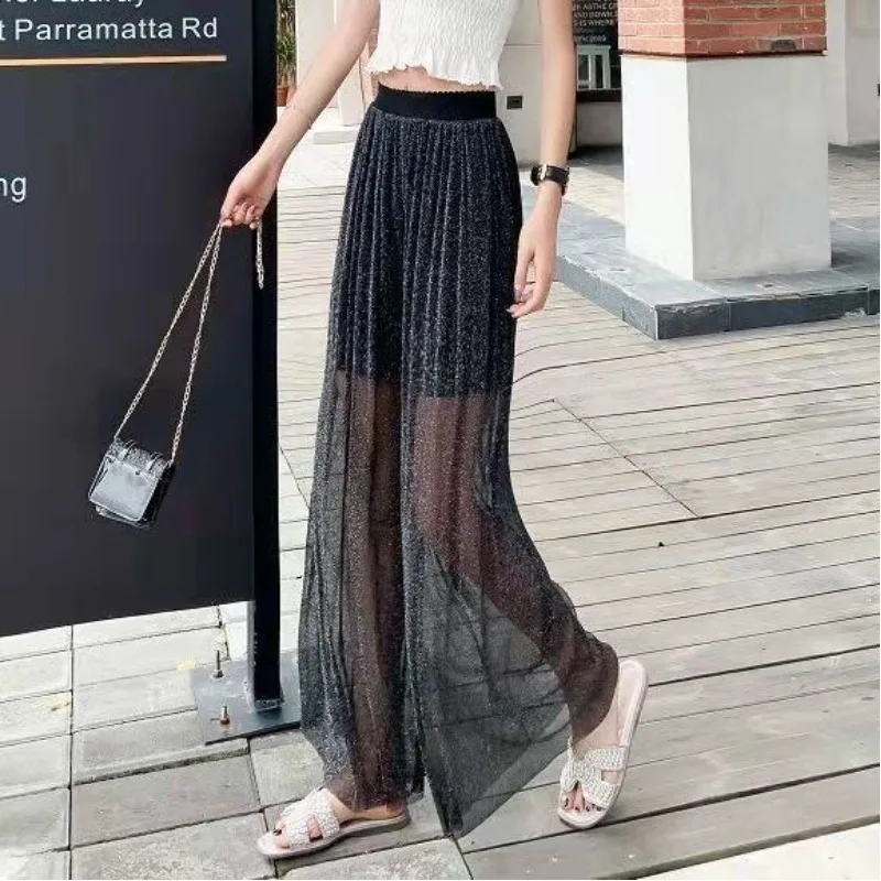 Women's 2024 Spring Summer New Solid Color Harajuku Loose Elastic High-waisted Gauze Bright Silk Casual Korean Wide Leg Pants