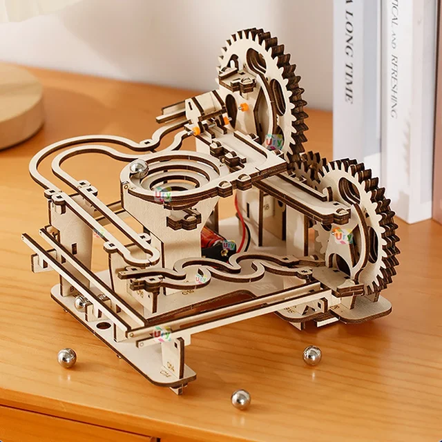 Ury 3D Wooden Puzzles Electric Catapult Track Device Marble Run Set Mechanical Model Science Maze 5 Balls Assembly Gift for Kids 4