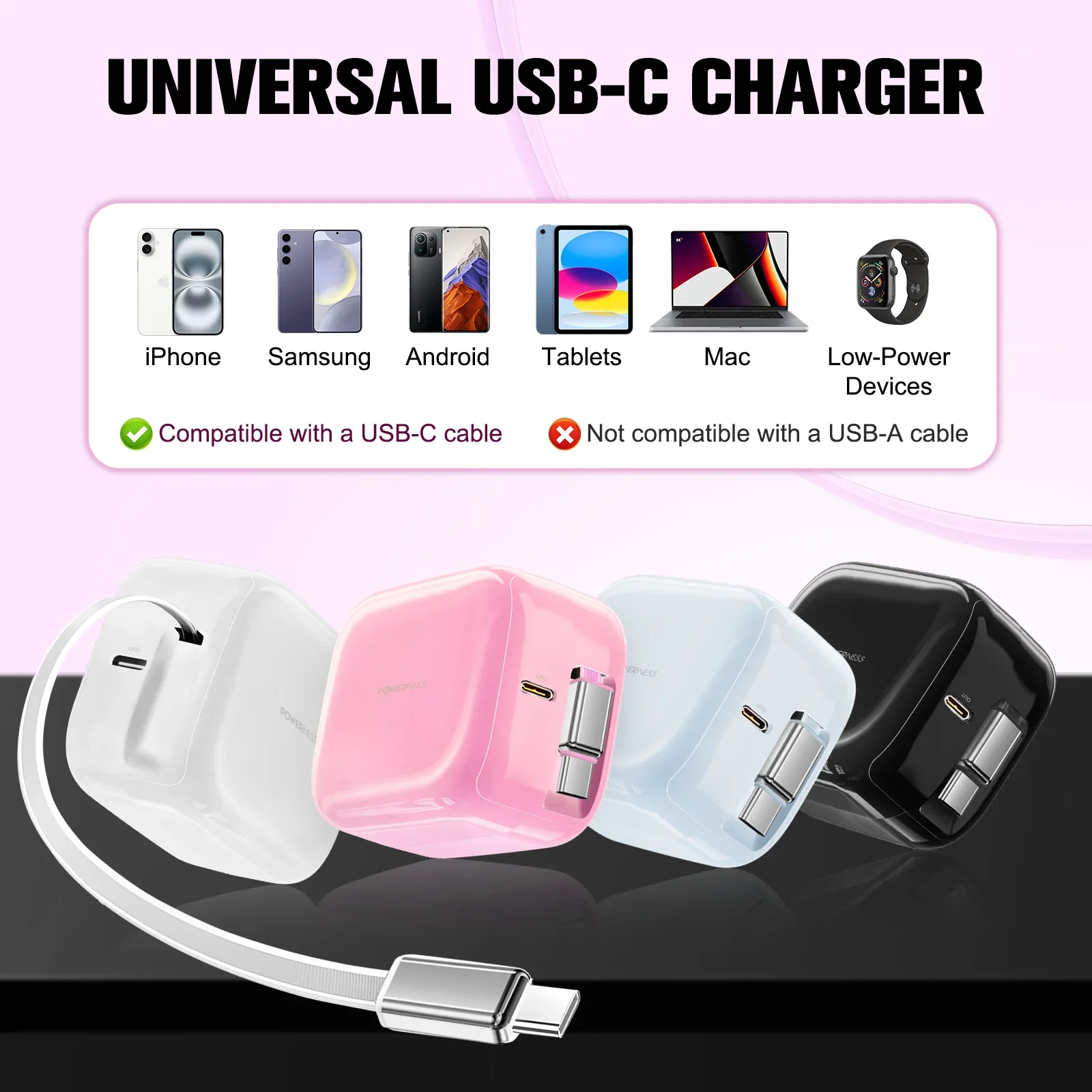 Unew USB-C Charger Adapter 35W 3A Fast Charging 60cm Retractable Cable Travel Charger for iPhone Xiaomi