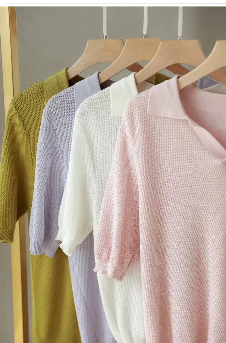 ice silk short sleeve knit cotton thread half sleeve POLO collar loose T-shirt women's summer wear thin temperament slimming top