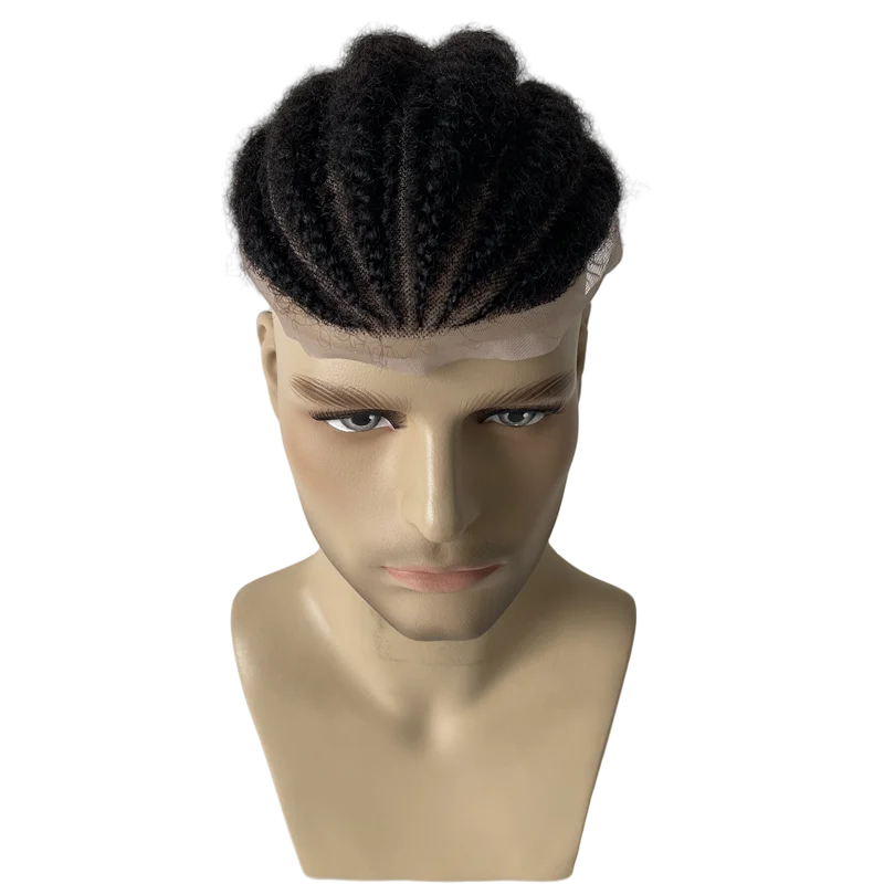 Malaysian Virgin Human Hair Hairpiece #1b Black Afro Cornrow Braids Toupee 8x10 Full Lace Unit for Black Men