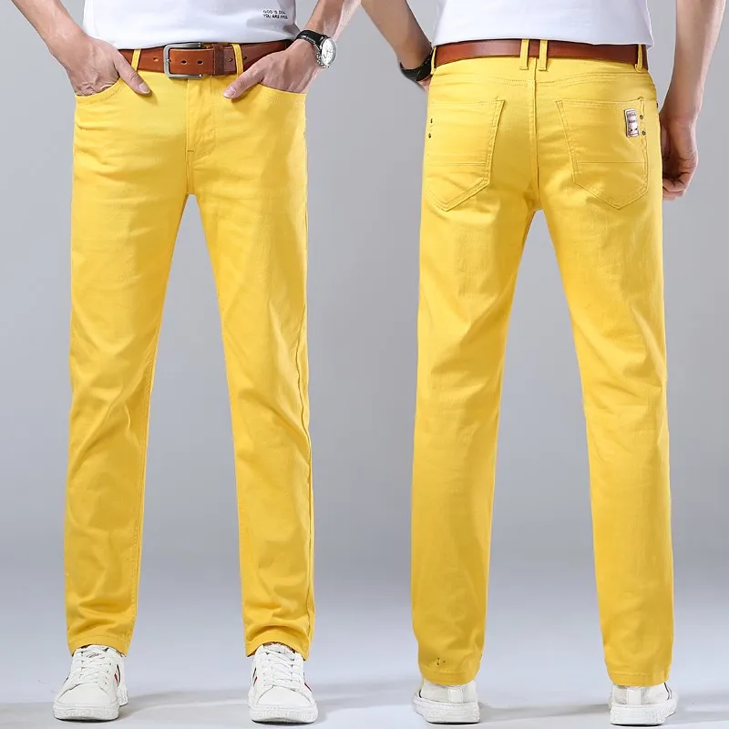Fashion Straight Stretch Denim Pants Solid New Men's Slim Jeans Solid Yellow Red Green Blue Business Casual Classic Trousers 3