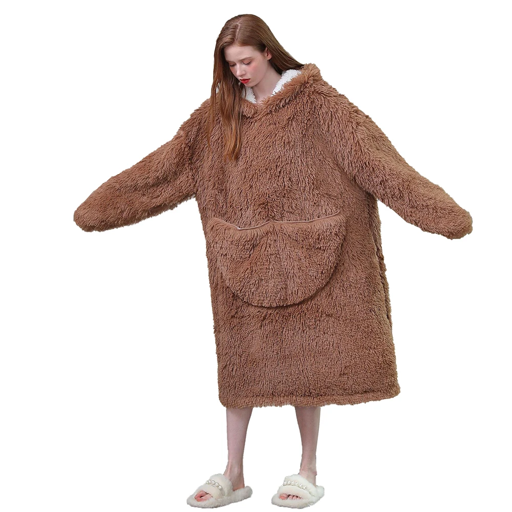 Autumn And Winter Flannel Pajamas New Thickened Warm Home Clothes Casual Loose Pajamas Hooded Plush Lazy Clothes TV Blanket