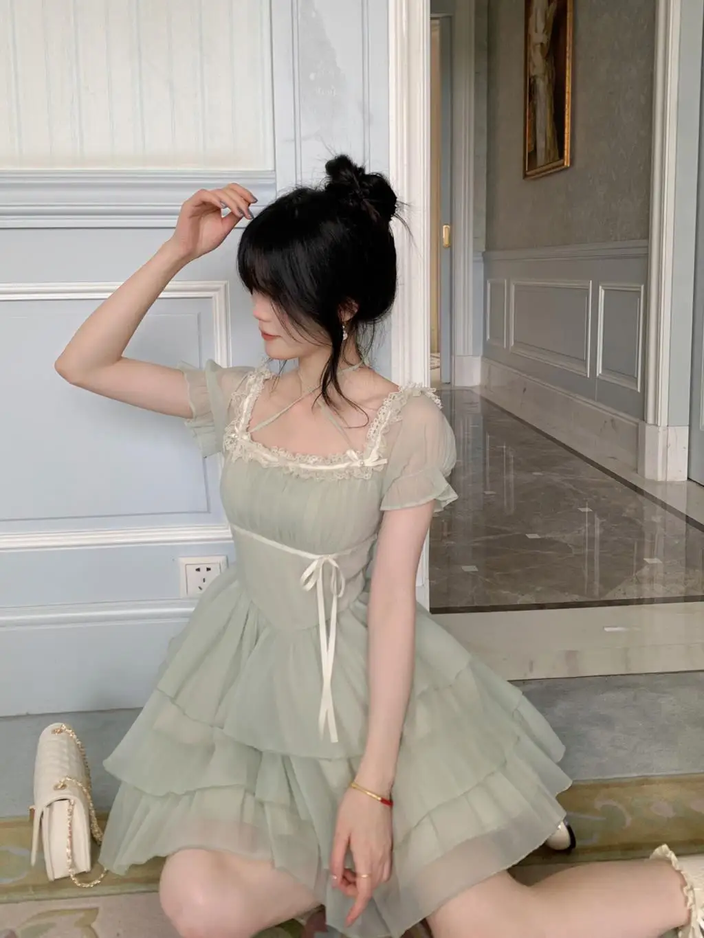 Y2K Princess Birthday Party Dress Lace Patchwork Short Dresses for Women Puff Sleeves Ruffles A-line Cake Vestido Mujer New