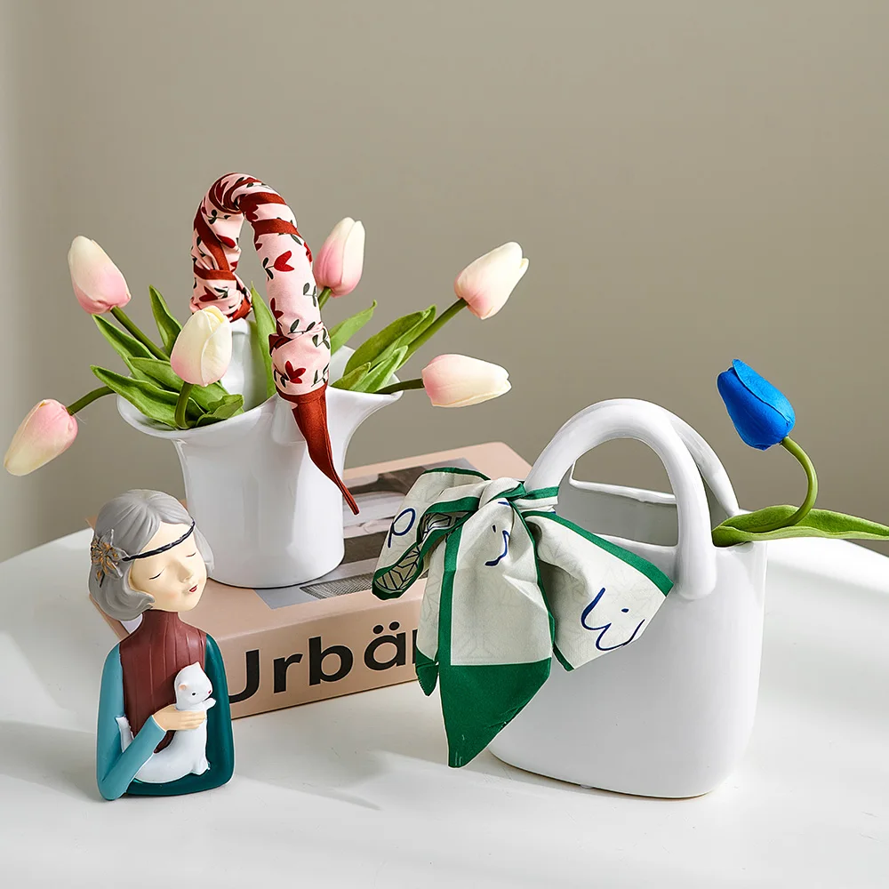 

Pastoral Silk Scarf Handbag Ceramics Vase Nordic Home Decor Flower Pot Office Accessories Living Room Decoration Hoom Decor Gift