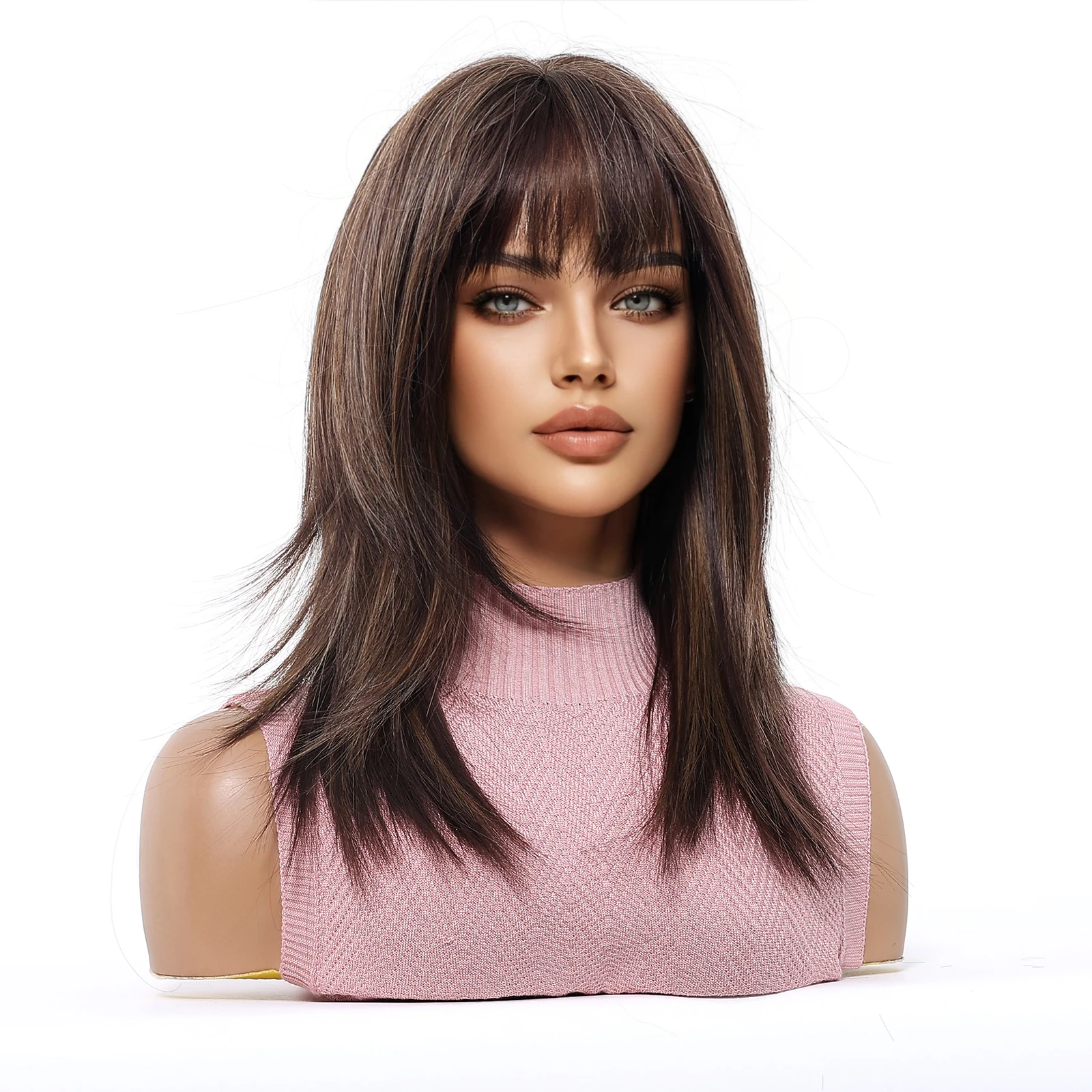 Medium Length Straight Layered Synthetic Wig Brown Highlight Wigs Natural Looking Wig With Bangs Heat Resistant Afro