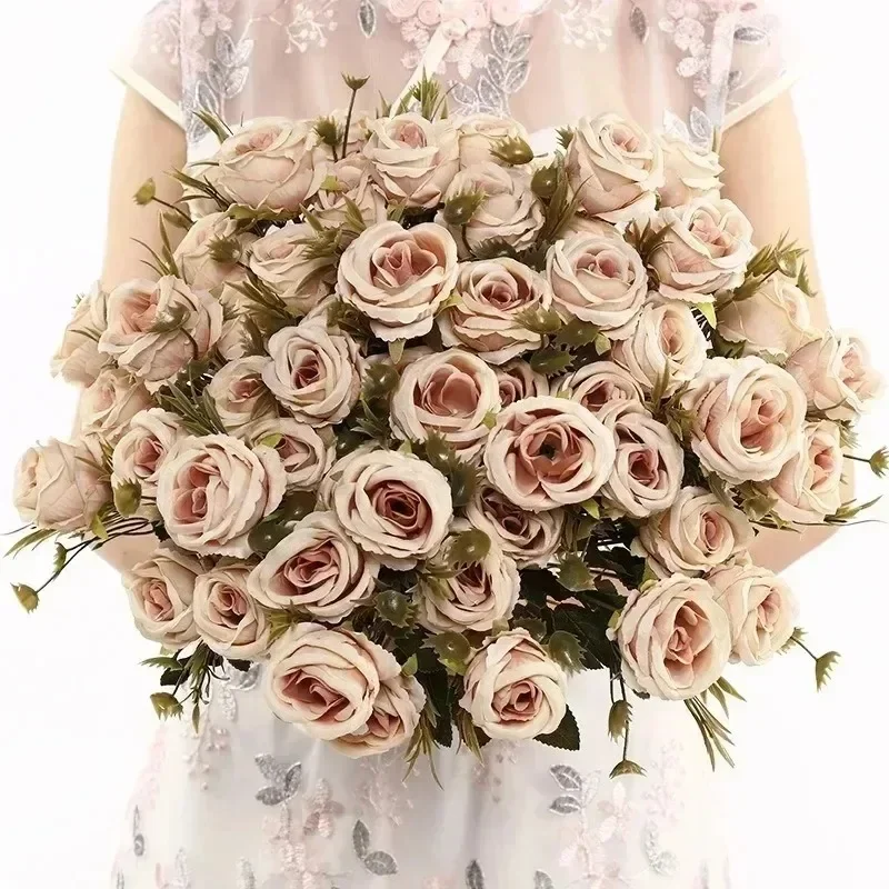 Elegant Retro Artificial Roses Bouquet for Bridal and Home Decor