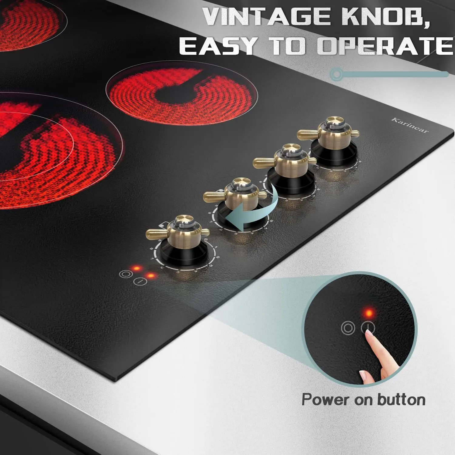 Karinear Electric Ceramic Cooktop 30 Inch, 4 Burners, Knob Control Built-in, 6700W, 220~240V Hard Wire(Gold Knob)