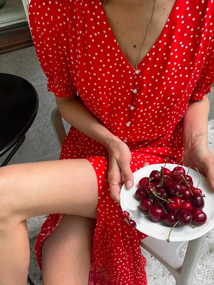 Bornladies Red polka Dot Dress Women Summen Loose V-Neck Fashionable And Chic Office Lady Long Skirt Commuting Versatile Dress